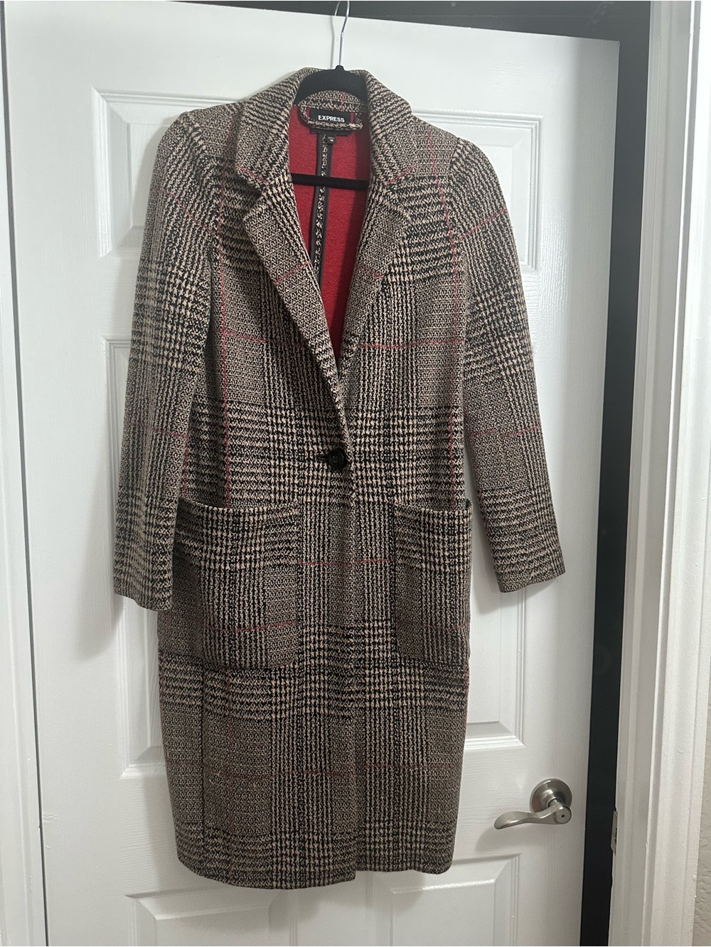 Express Plaid Long Trench Coat with Subtle Red Check